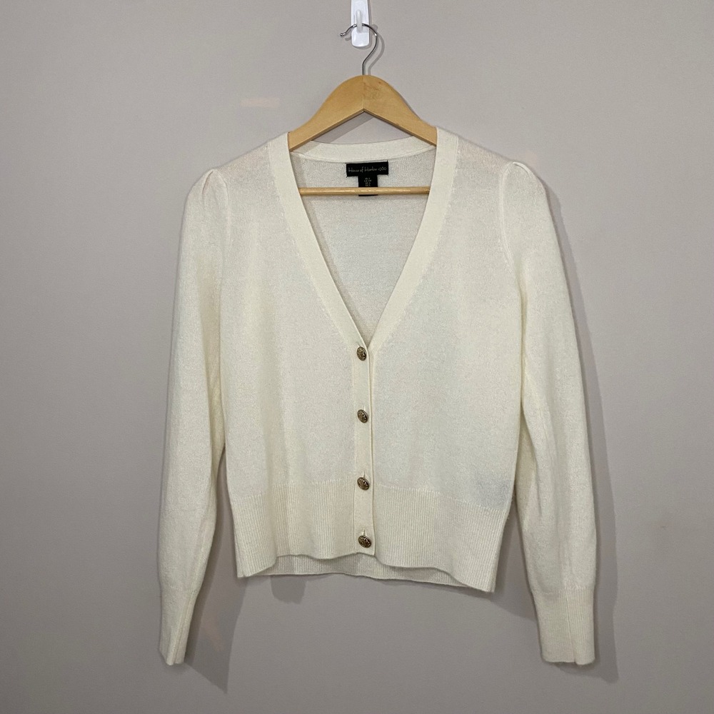 House of Harlow 1960 EUC Cream V-Neck Cashmere Cardigan Gold Crest Buttons Small